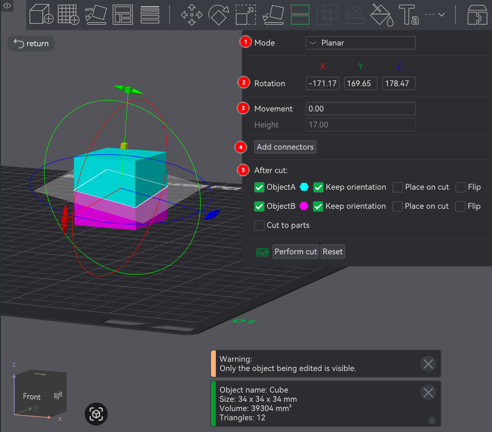 Bambu Studio Prepare screen cut planar parameters